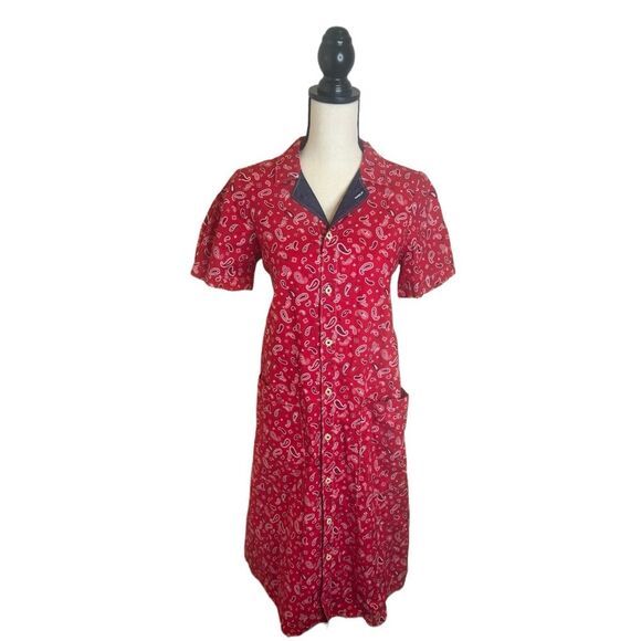 Uqnatu Red Midi Short Sleeve Paisley Red & Denim Dress Size Medium - Picture 1 of 7